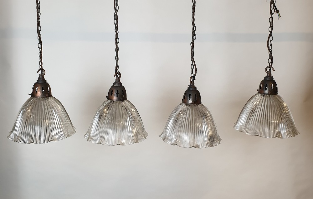 Set of 4 Holophane Ceiling Lights with Distressed Galleries, Rewired 
