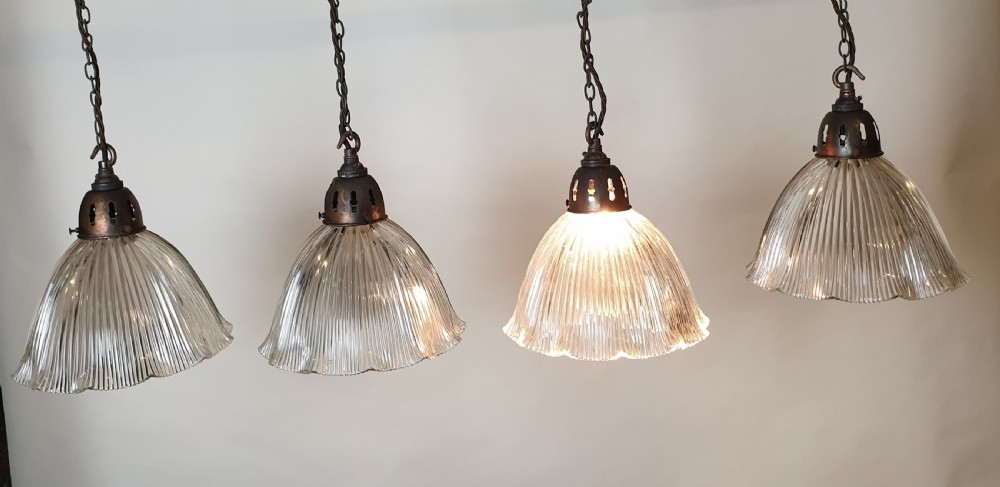 Set of 4 Holophane Ceiling Lights with Distressed Galleries, Rewired  View V
