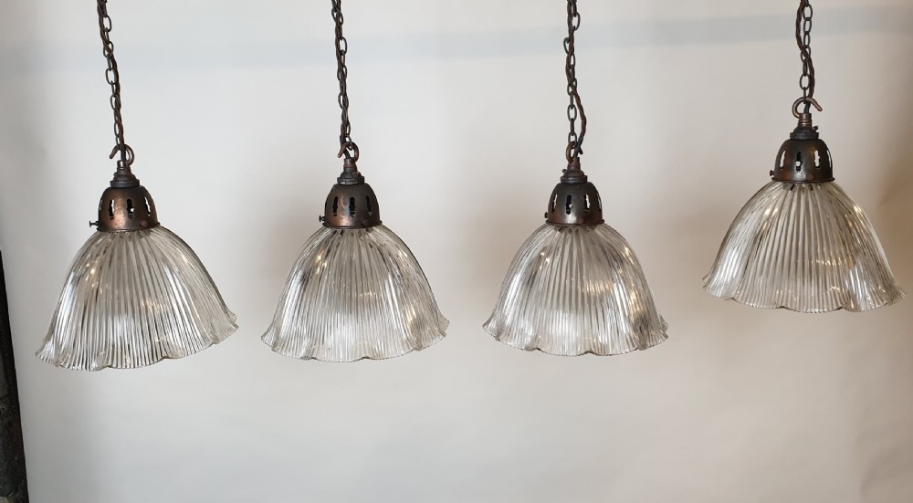 Set of 4 Holophane Ceiling Lights with Distressed Galleries, Rewired  View XIV