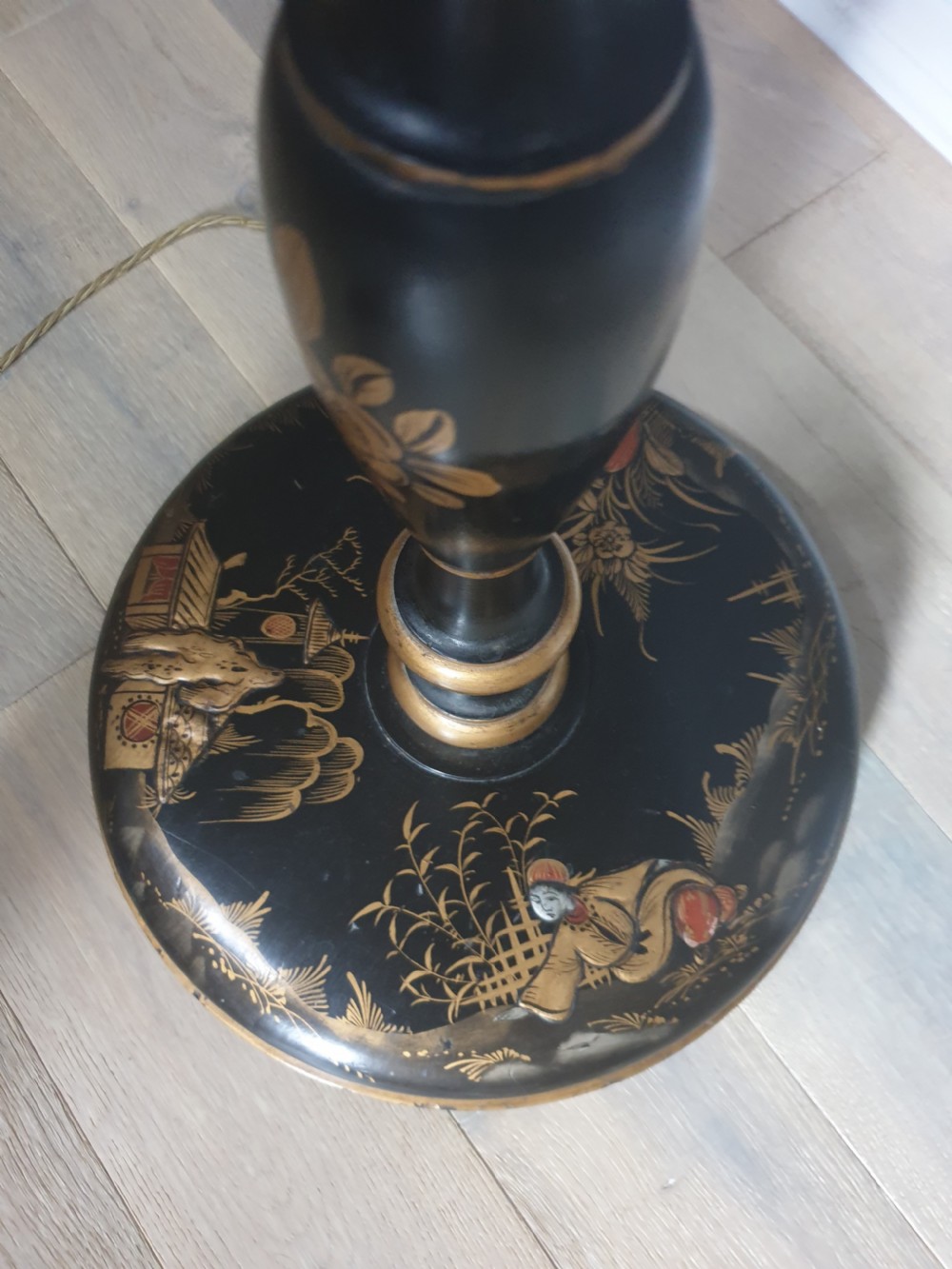 1920s Ebonised Chinese Decorated Standard Lamp, Rewired and PAT tested  View II