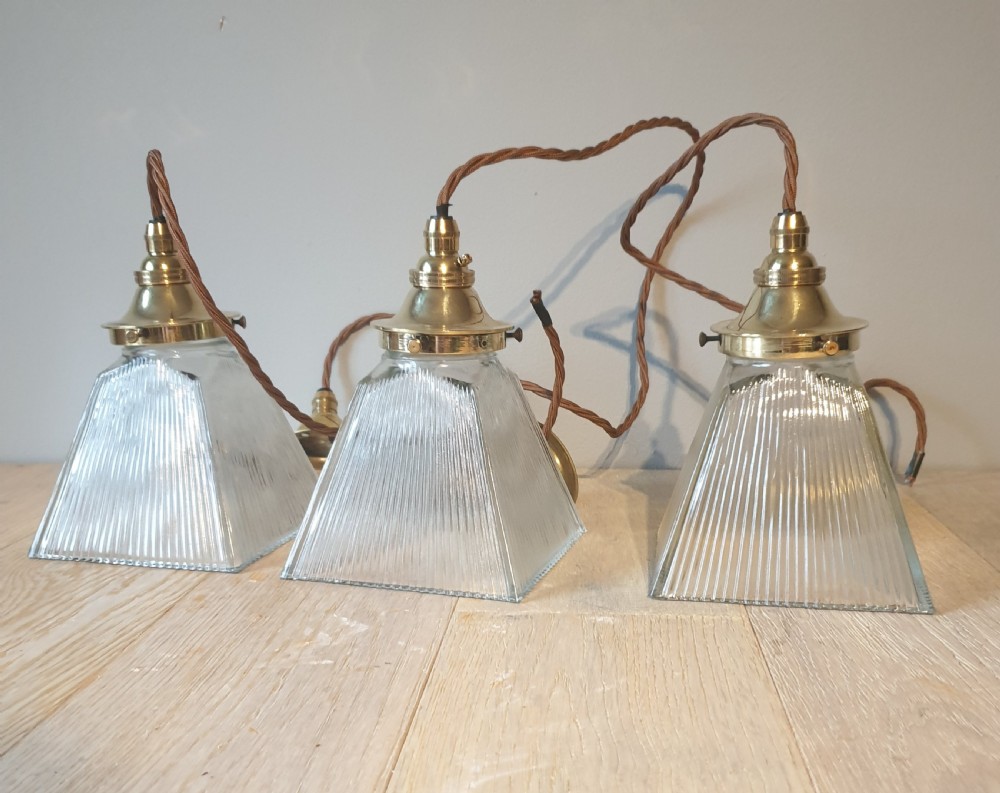 Set of 3 1920's Square Glass Ceiling Pendant Lights, Rewired 