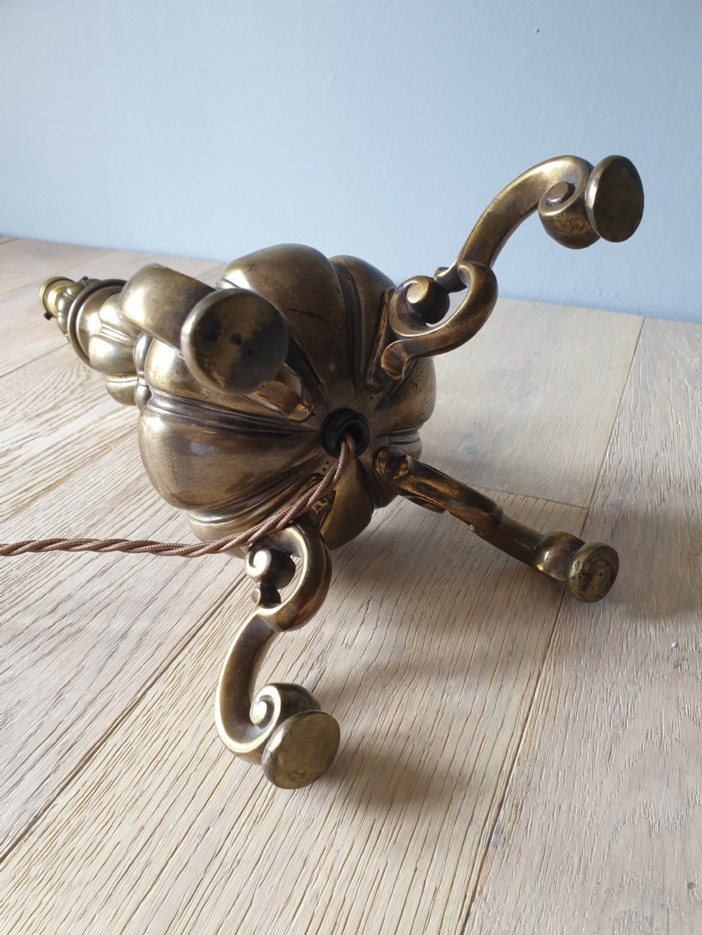 Tall Very Heavy Solid Aged Brass Table Lamp, Rewired and PAT tested  View II