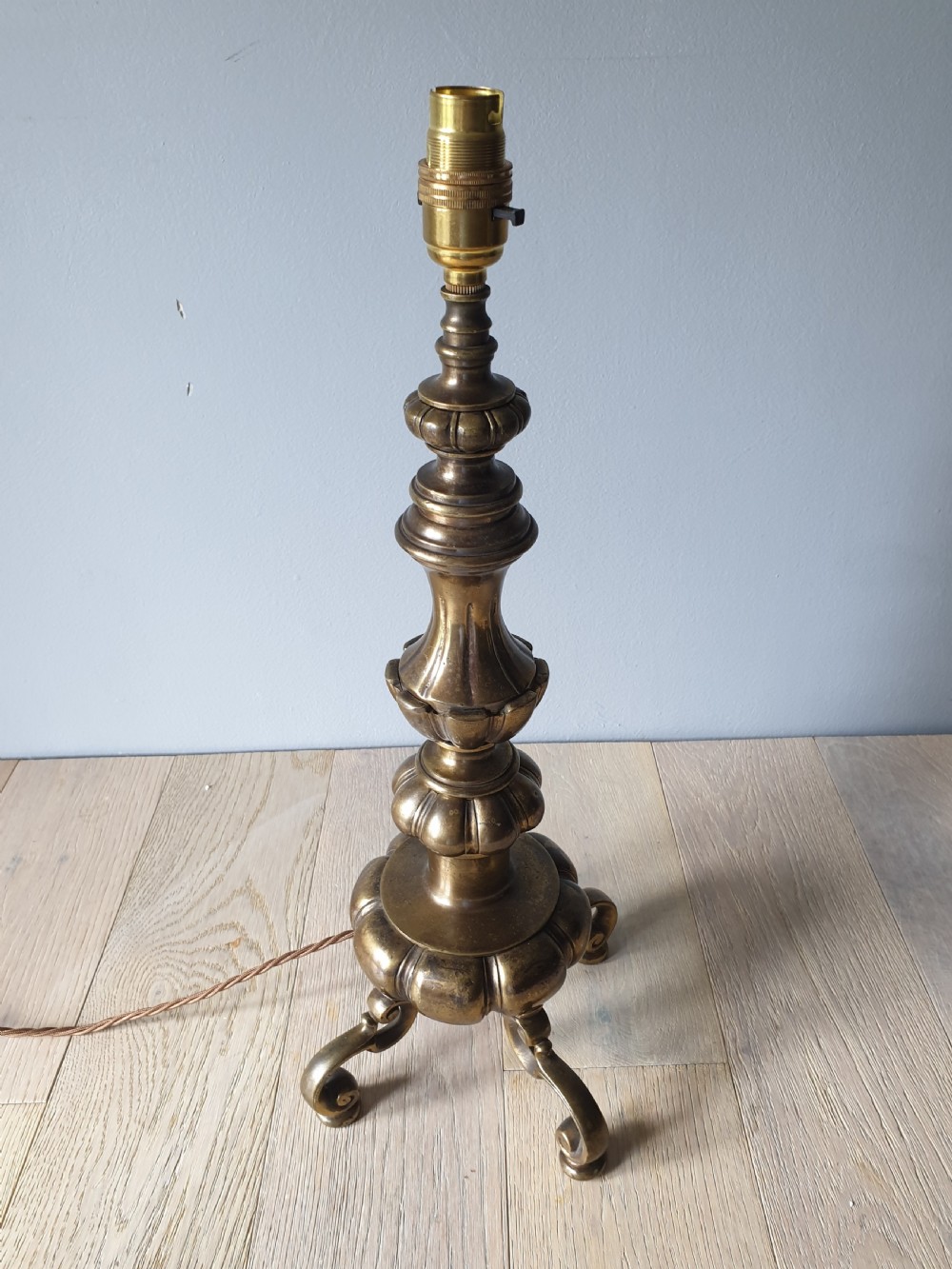 Tall Very Heavy Solid Aged Brass Table Lamp, Rewired and PAT tested  View III