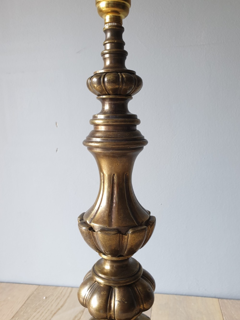 Tall Very Heavy Solid Aged Brass Table Lamp, Rewired and PAT tested  View IV