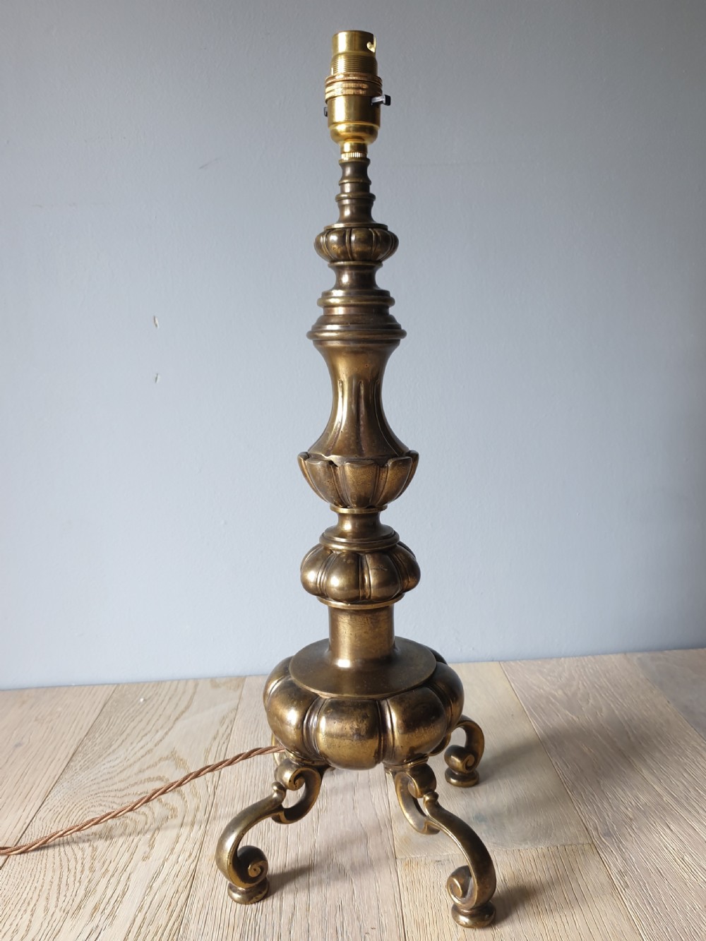 Tall Very Heavy Solid Aged Brass Table Lamp, Rewired and PAT tested  View VI