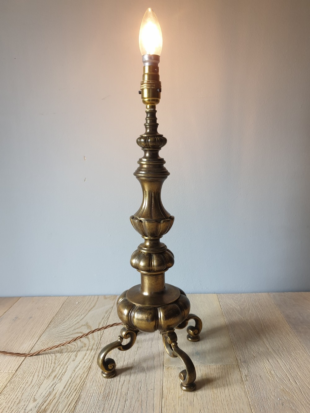 Tall Very Heavy Solid Aged Brass Table Lamp, Rewired and PAT tested  View VII