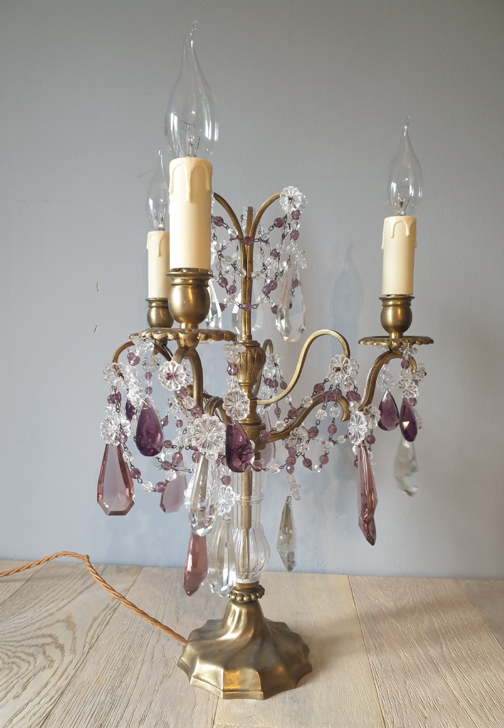 C1930 French 3 Arm Gilded Brass Crystal Candelabra; Rewired and PAT tested View II