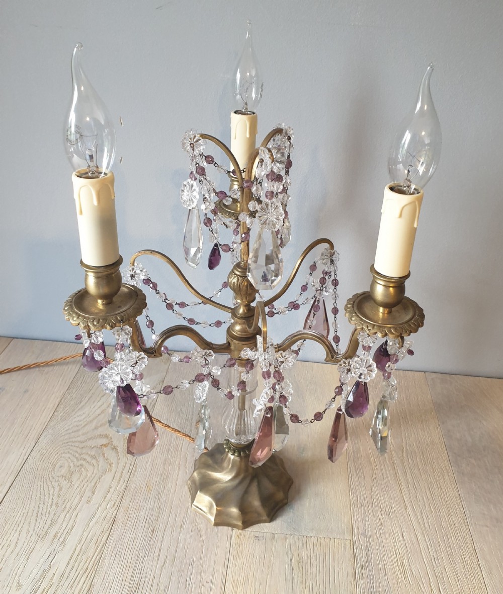 C1930 French 3 Arm Gilded Brass Crystal Candelabra; Rewired and PAT tested View III