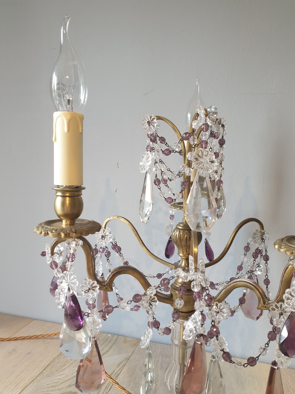 C1930 French 3 Arm Gilded Brass Crystal Candelabra; Rewired and PAT tested View IV