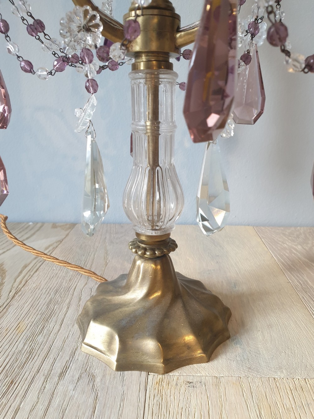 C1930 French 3 Arm Gilded Brass Crystal Candelabra; Rewired and PAT tested View V