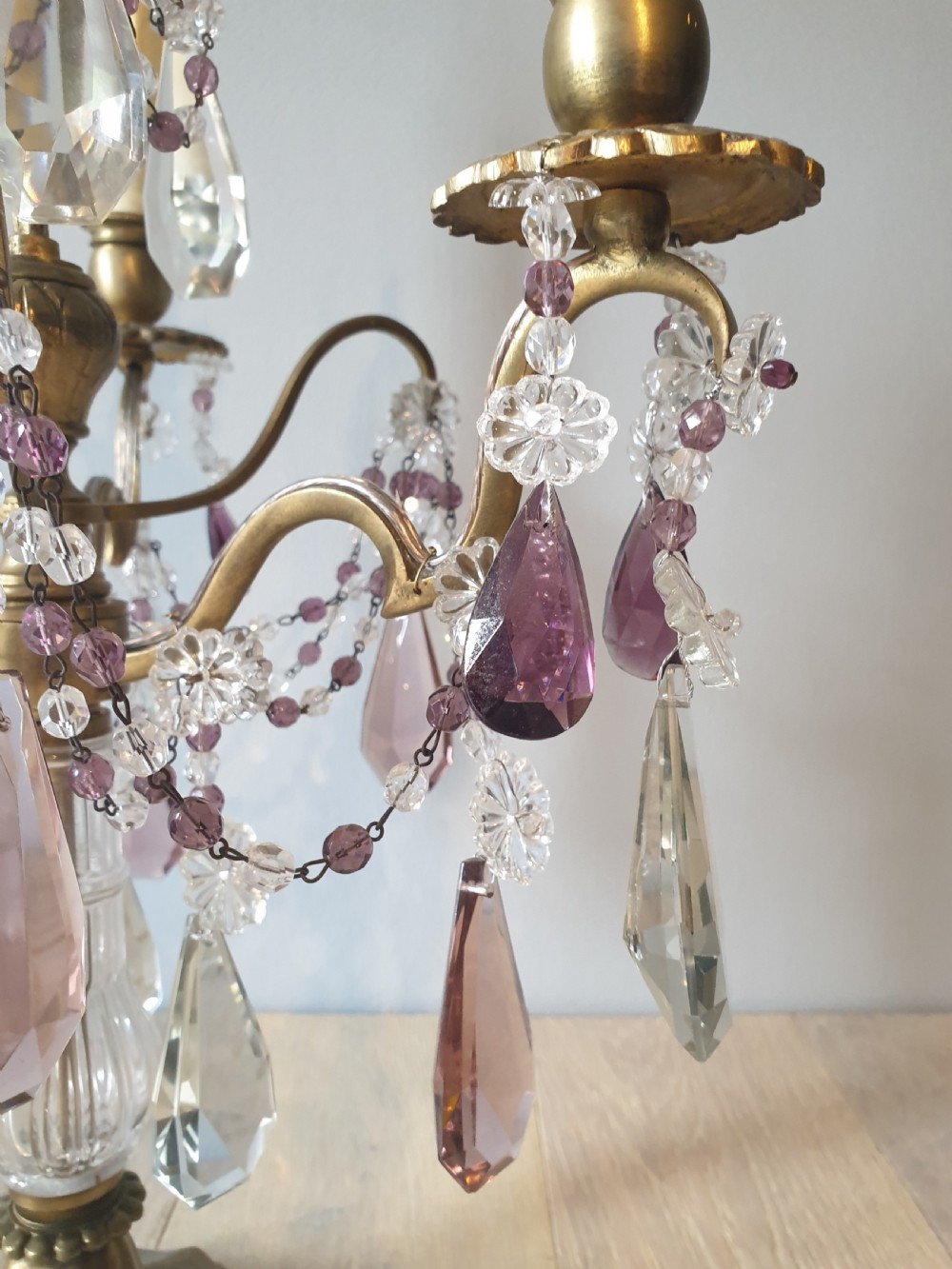 C1930 French 3 Arm Gilded Brass Crystal Candelabra; Rewired and PAT tested View VI