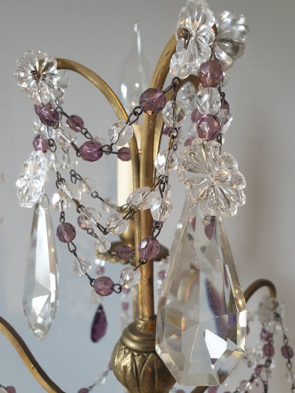 C1930 French 3 Arm Gilded Brass Crystal Candelabra; Rewired and PAT tested View VII