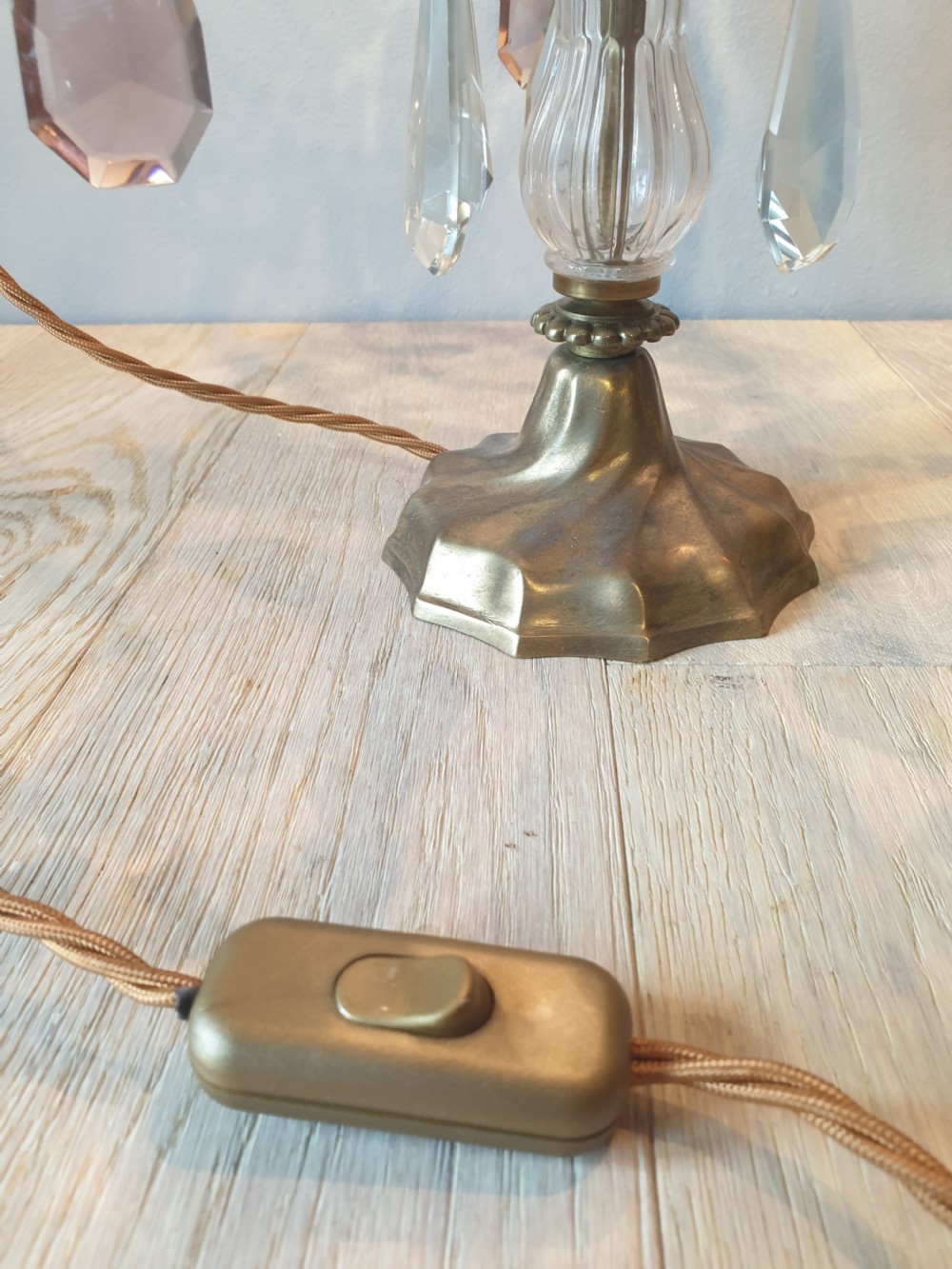 C1930 French 3 Arm Gilded Brass Crystal Candelabra; Rewired and PAT tested View IX