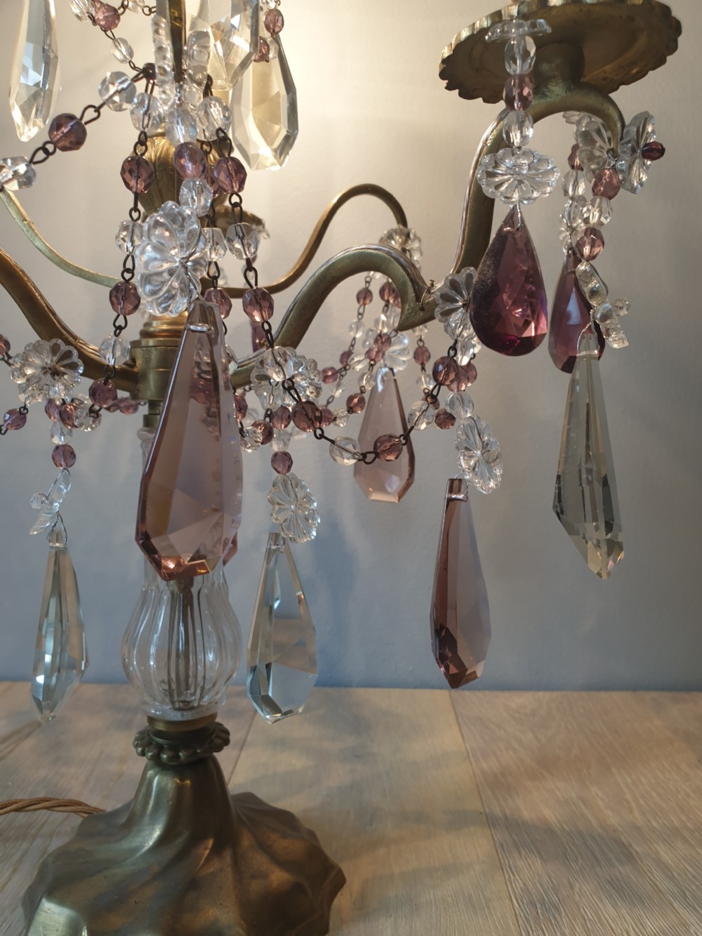 C1930 French 3 Arm Gilded Brass Crystal Candelabra; Rewired and PAT tested View X