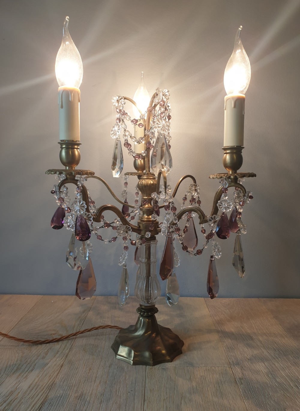 C1930 French 3 Arm Gilded Brass Crystal Candelabra; Rewired and PAT tested View XI