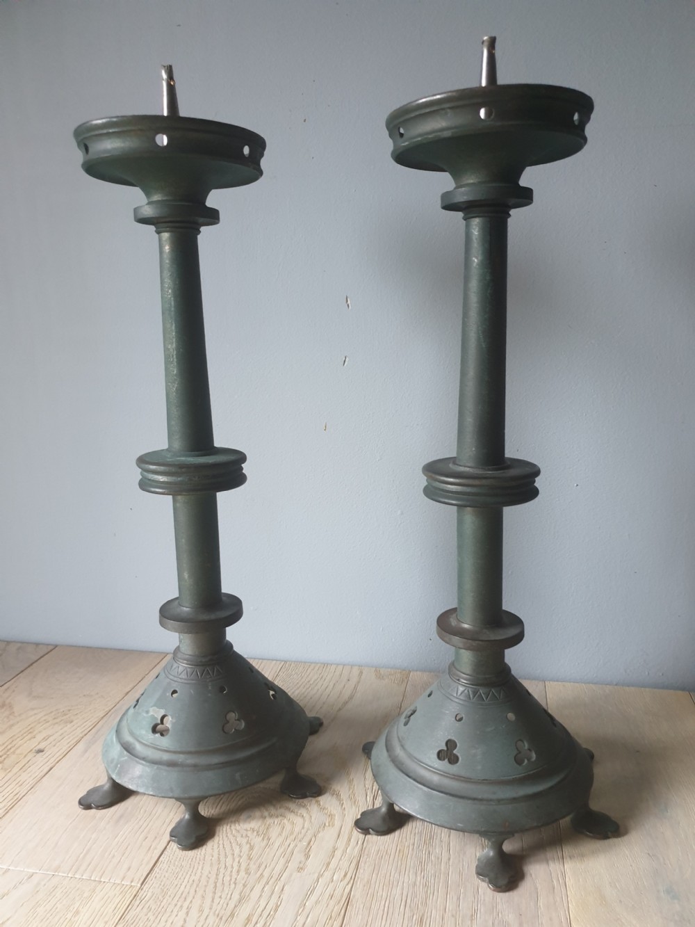 Pair of c1920 French Brass Candle Sticks with Verdigris