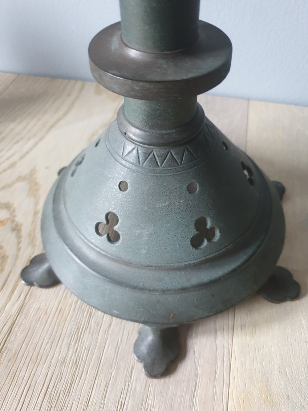 Pair of c1920 French Brass Candle Sticks with Verdigris View III