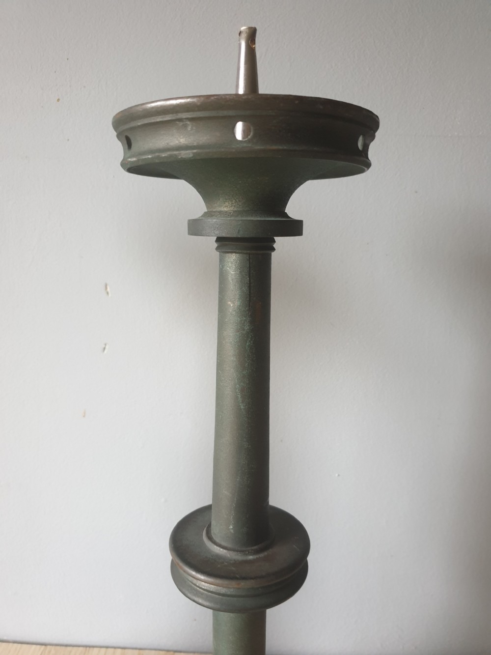 Pair of c1920 French Brass Candle Sticks with Verdigris View V