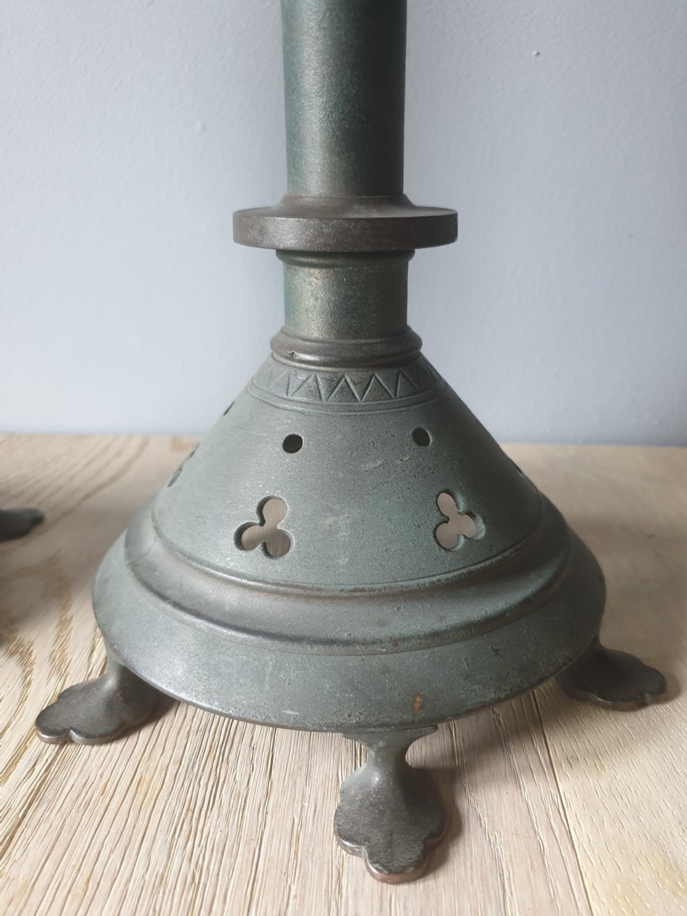 Pair of c1920 French Brass Candle Sticks with Verdigris View VII