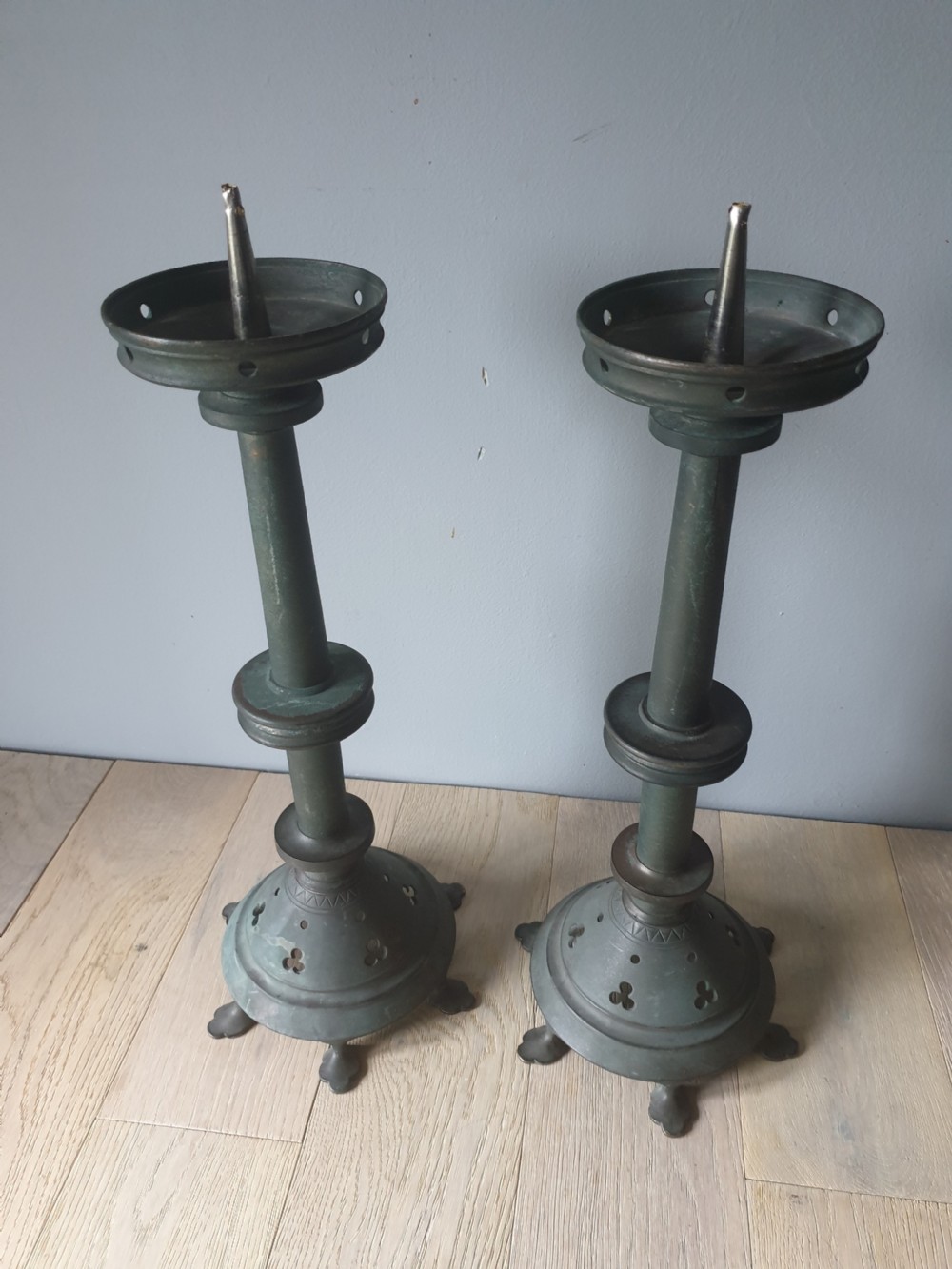 Pair of c1920 French Brass Candle Sticks with Verdigris View VIII