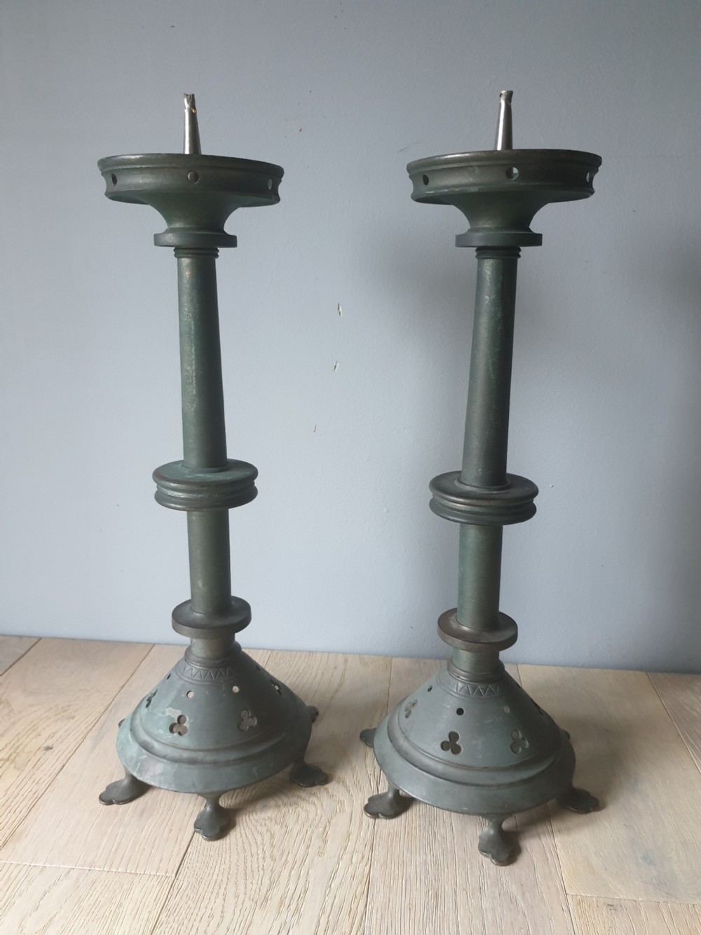 Pair of c1920 French Brass Candle Sticks with Verdigris View IX