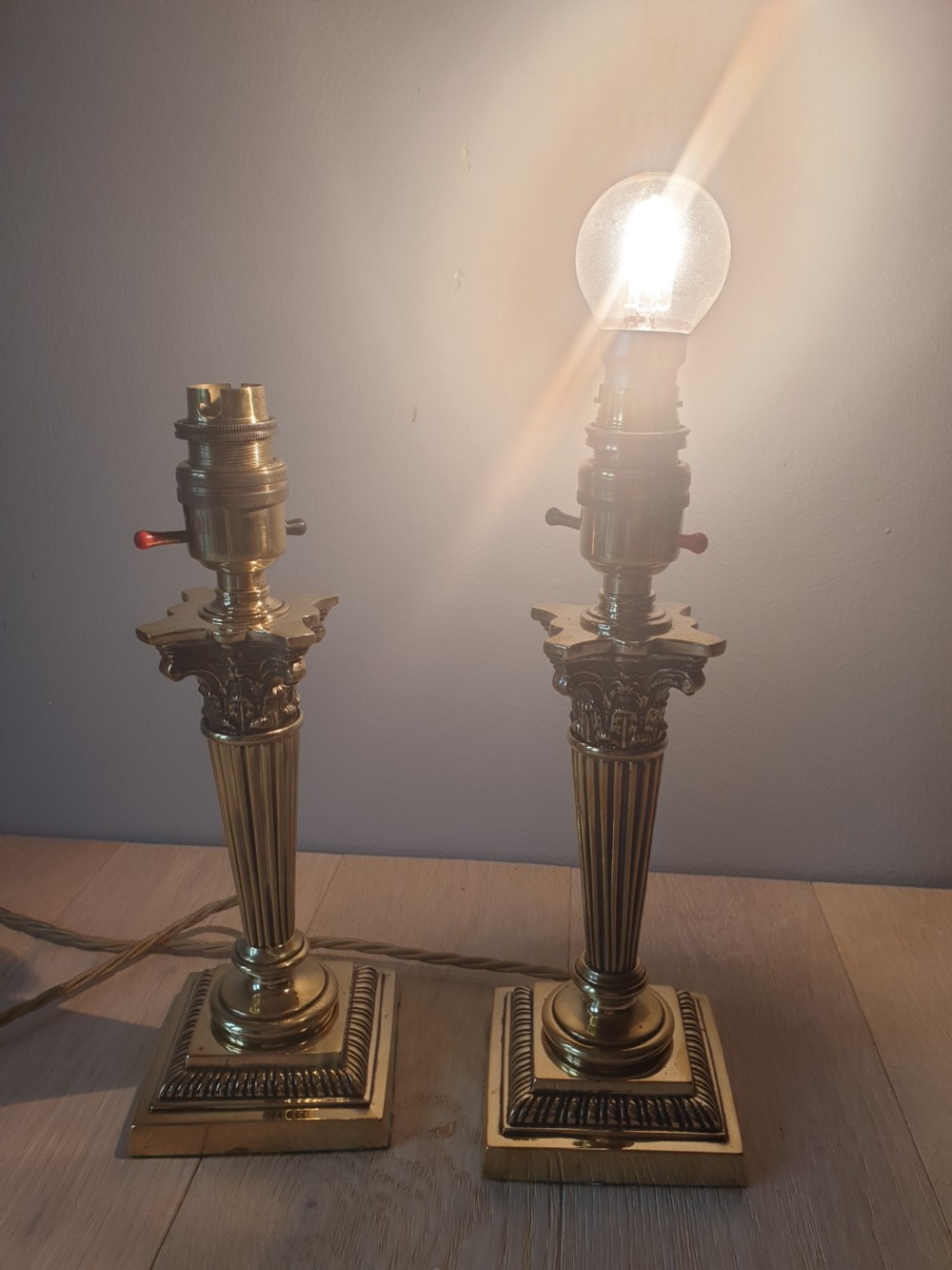 Pair of Minature High Quality Brass Corinthian Column Table Lamps, c1910, Rewired and PAT tested  View II