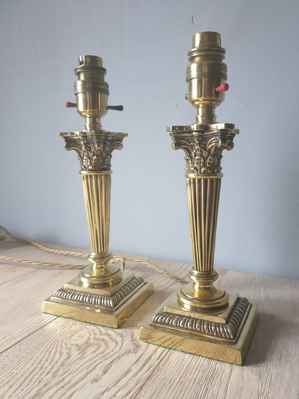 Pair of Minature High Quality Brass Corinthian Column Table Lamps, c1910, Rewired and PAT tested  View III
