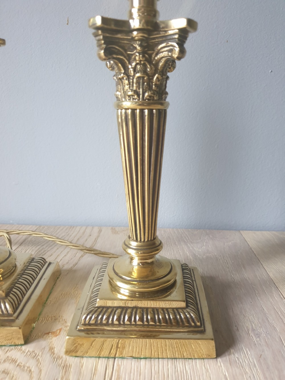 Pair of Minature High Quality Brass Corinthian Column Table Lamps, c1910, Rewired and PAT tested  View IV