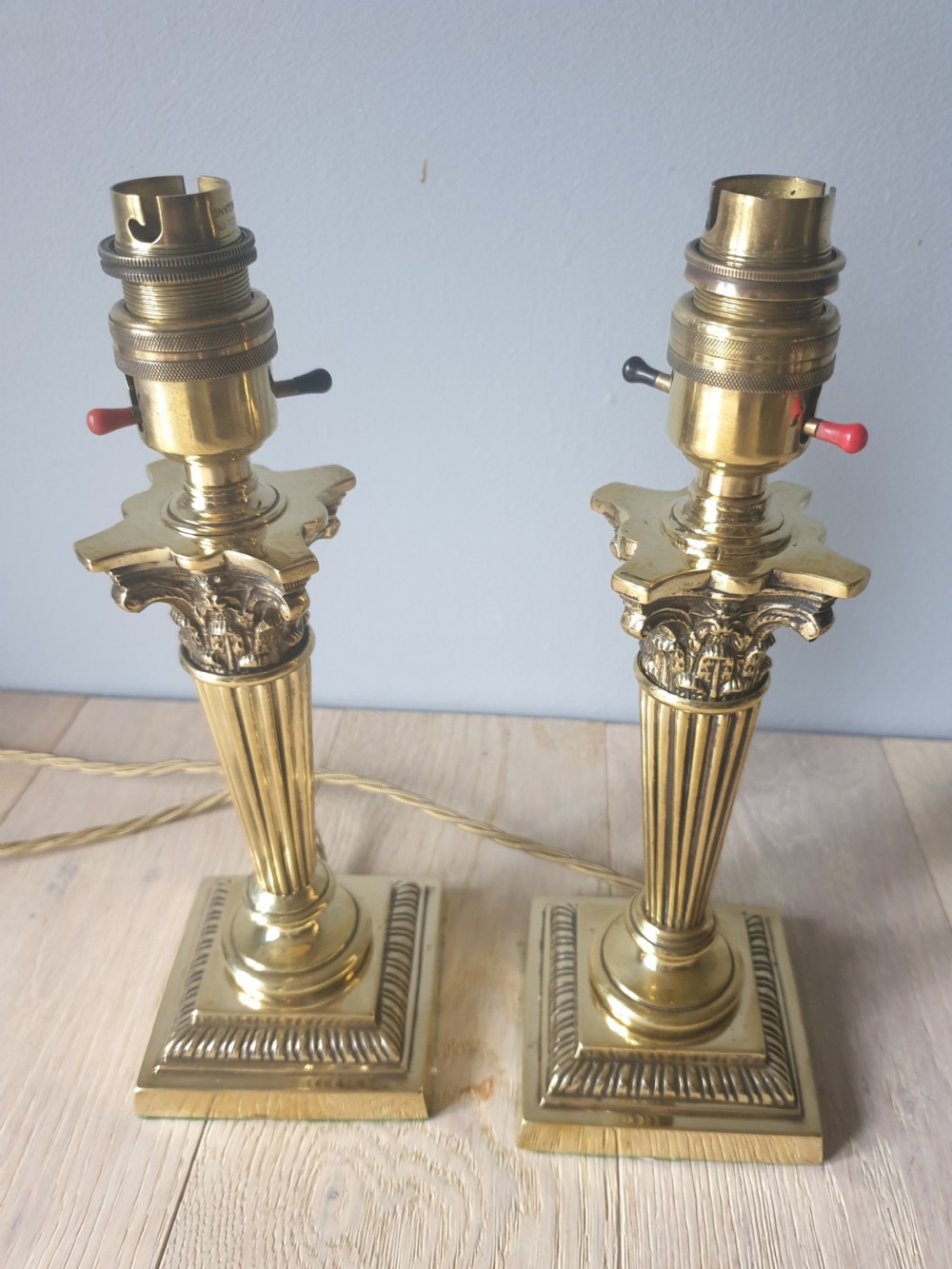 Pair of Minature High Quality Brass Corinthian Column Table Lamps, c1910, Rewired and PAT tested  View V