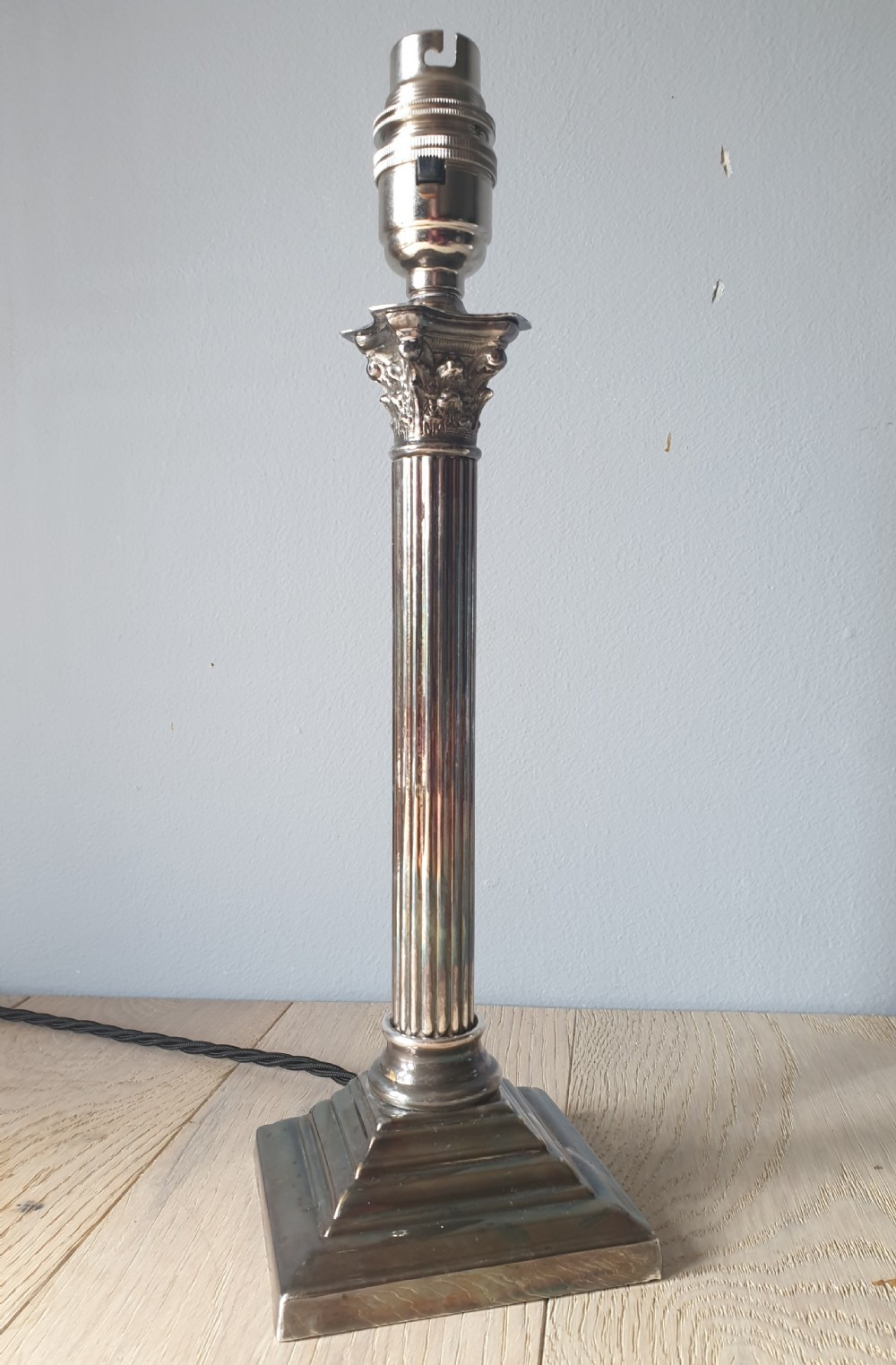 Small Nickel Plated Corinthian Column Table Lamp, Rewired and PAT tested  View II