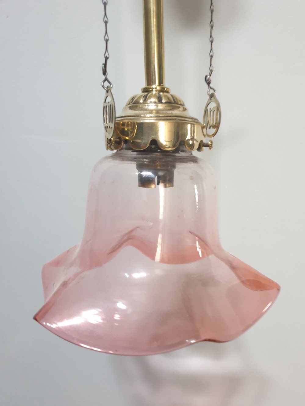 Cranberry Shade Brass Gas Pole Ceiling Light, Rewired  View III
