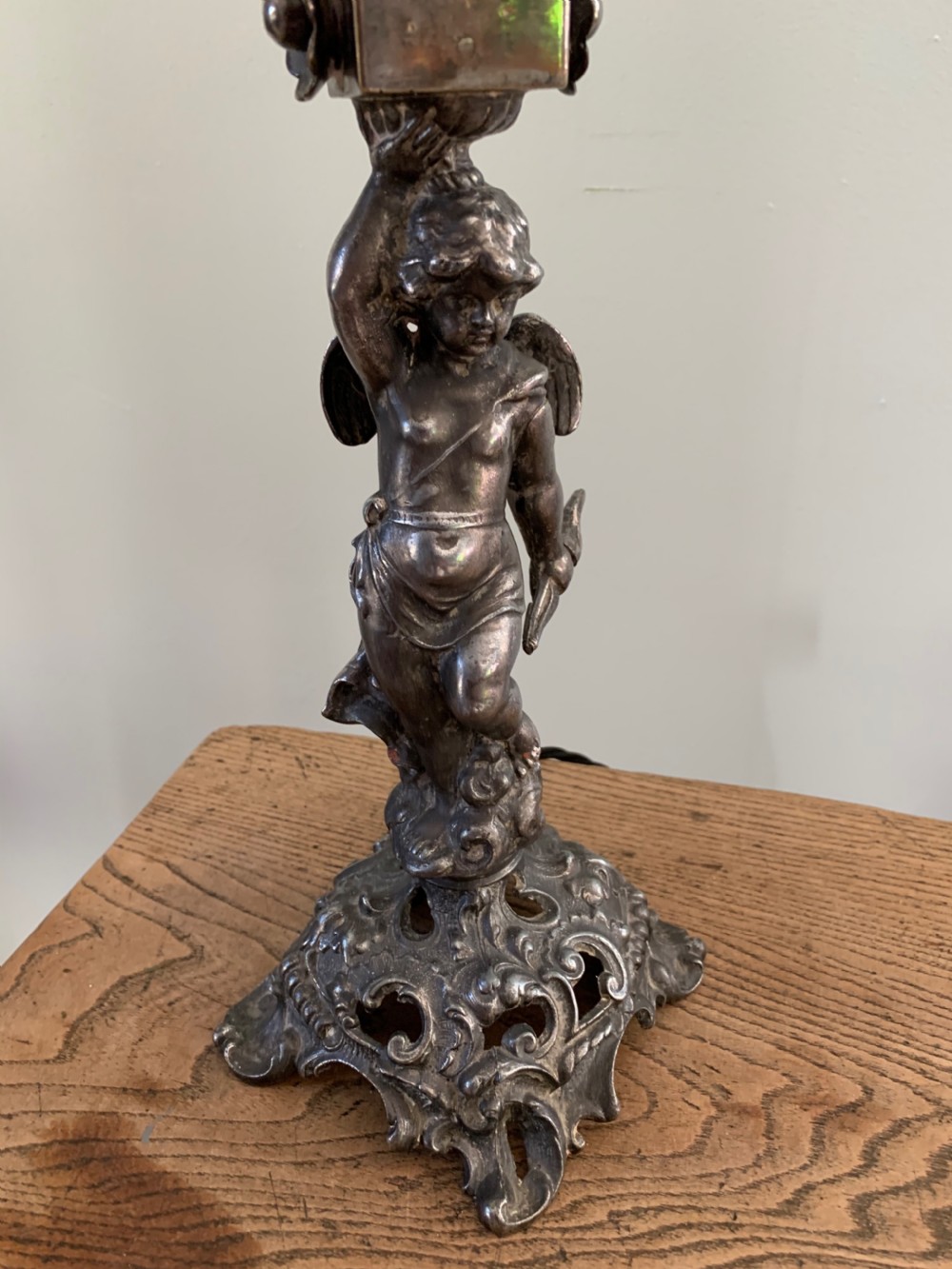 French Distressed Silver Pewter Plated Brass Cherub Table Lamp, Rewired and PAT tested  View V