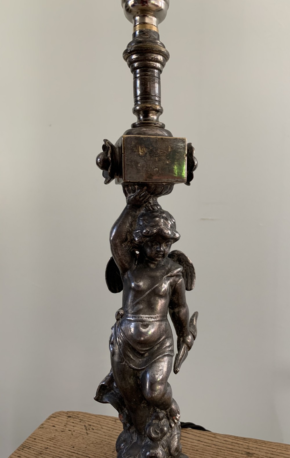 French Distressed Silver Pewter Plated Brass Cherub Table Lamp, Rewired and PAT tested  View VI