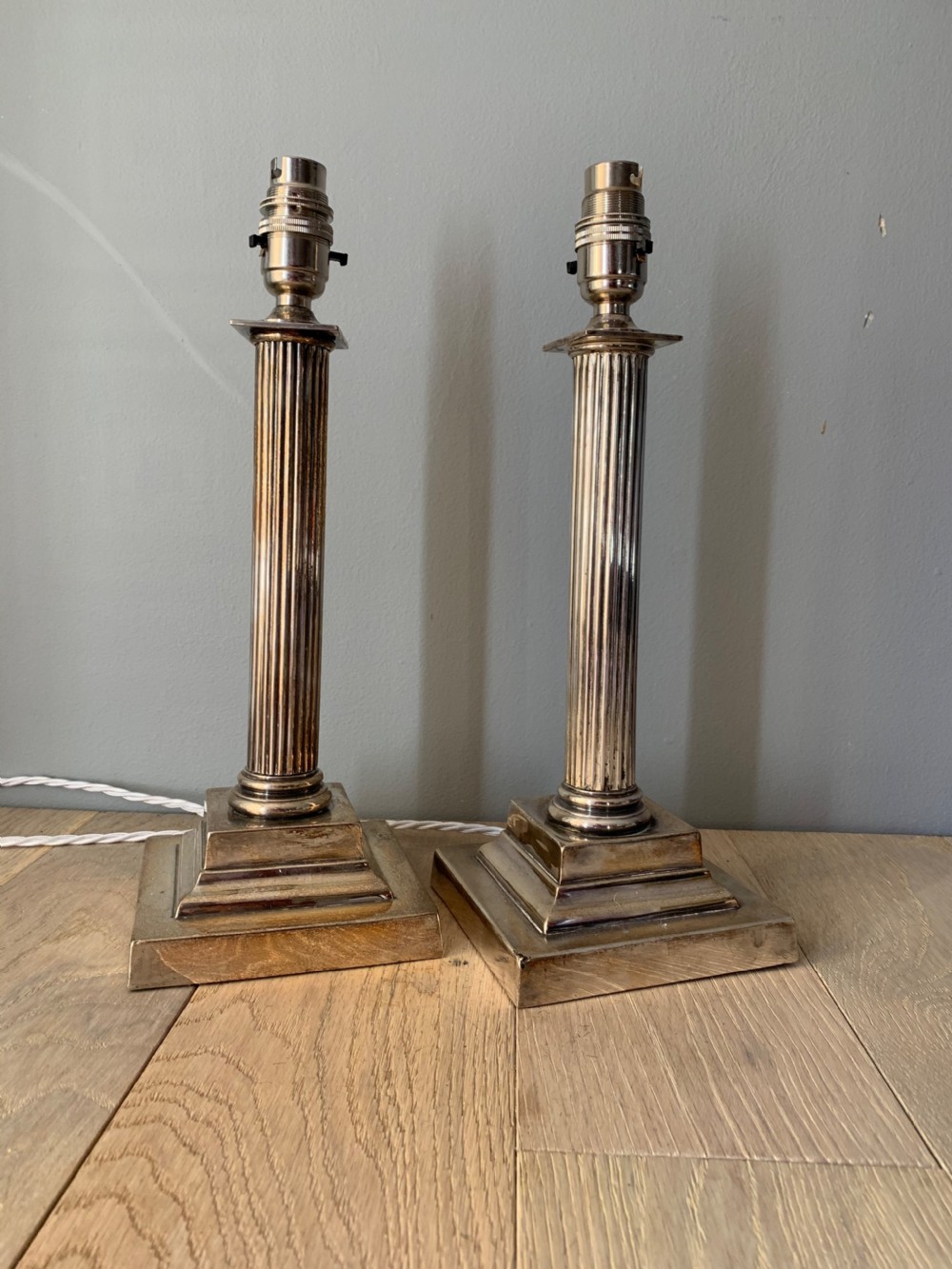 Pair Silver Plated Brass Corinthian Column Table Lamps, Rewired and PAT tested