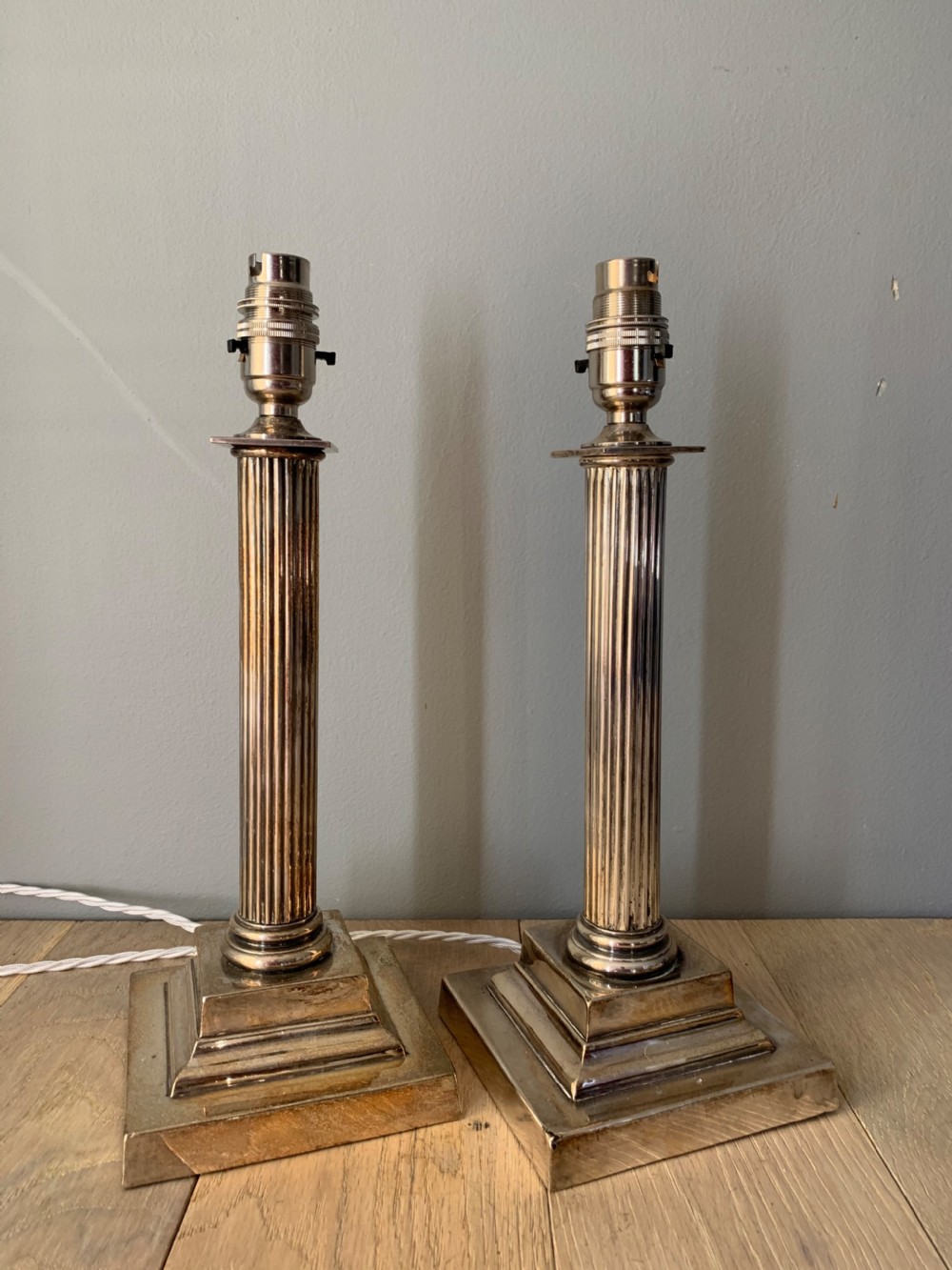 Pair Silver Plated Brass Corinthian Column Table Lamps, Rewired and PAT tested View II