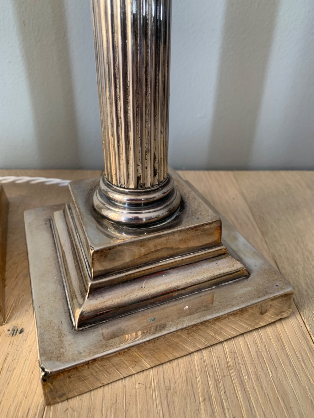 Pair Silver Plated Brass Corinthian Column Table Lamps, Rewired and PAT tested View III