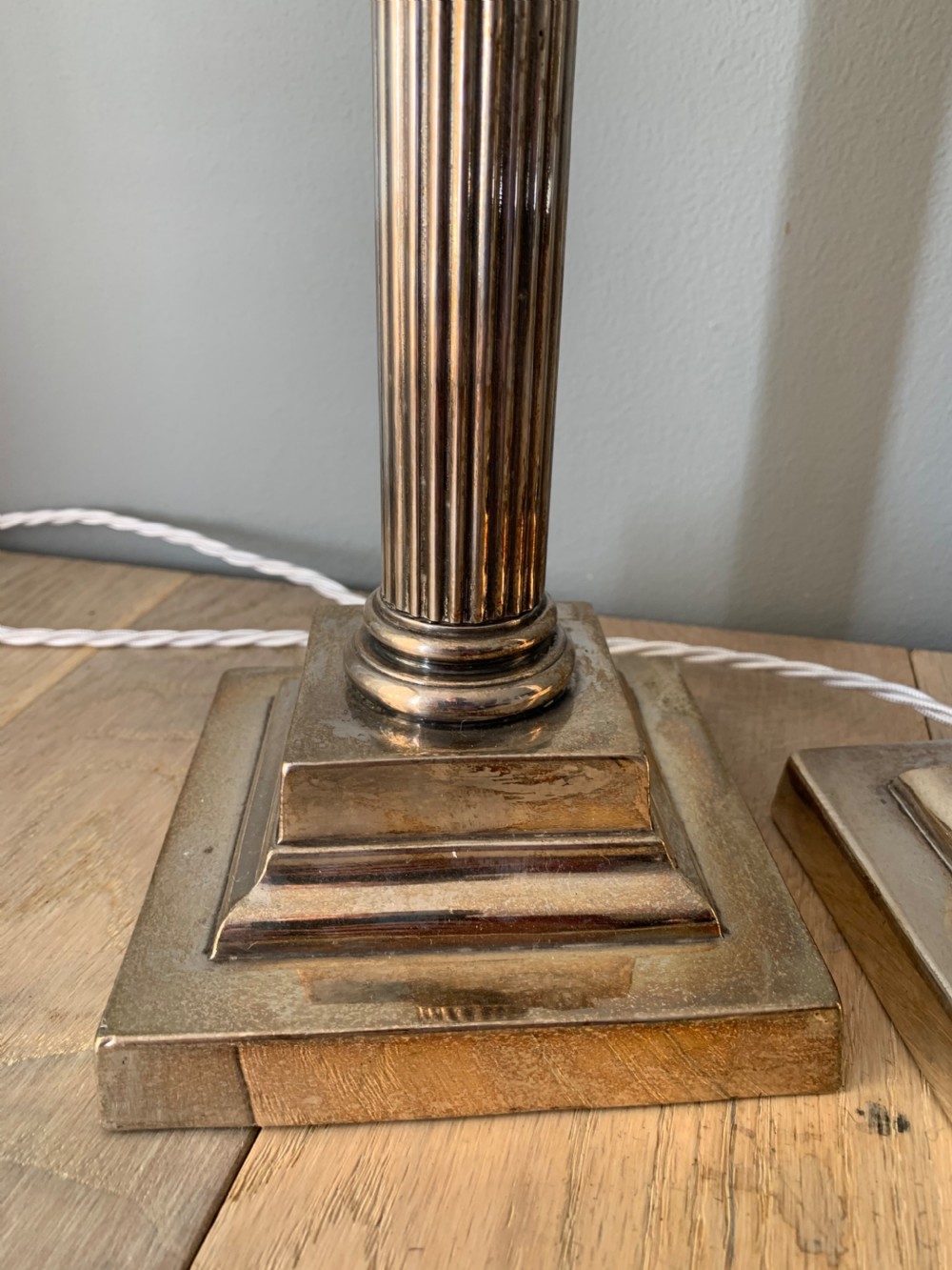 Pair Silver Plated Brass Corinthian Column Table Lamps, Rewired and PAT tested View IV