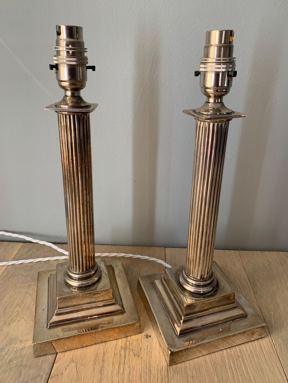 Pair Silver Plated Brass Corinthian Column Table Lamps, Rewired and PAT tested View V