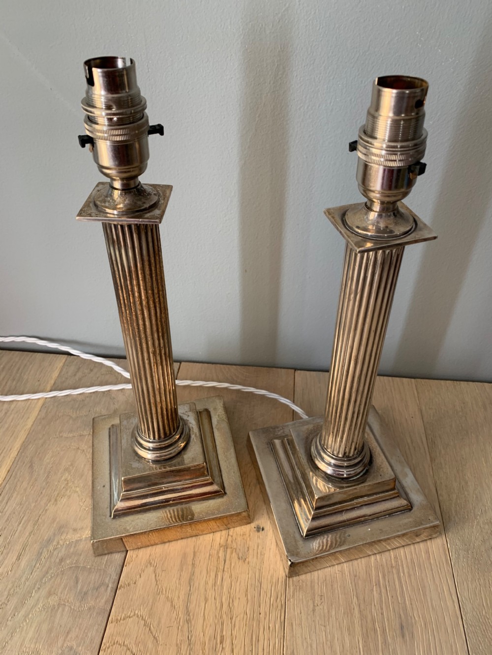 Pair Silver Plated Brass Corinthian Column Table Lamps, Rewired and PAT tested View VI