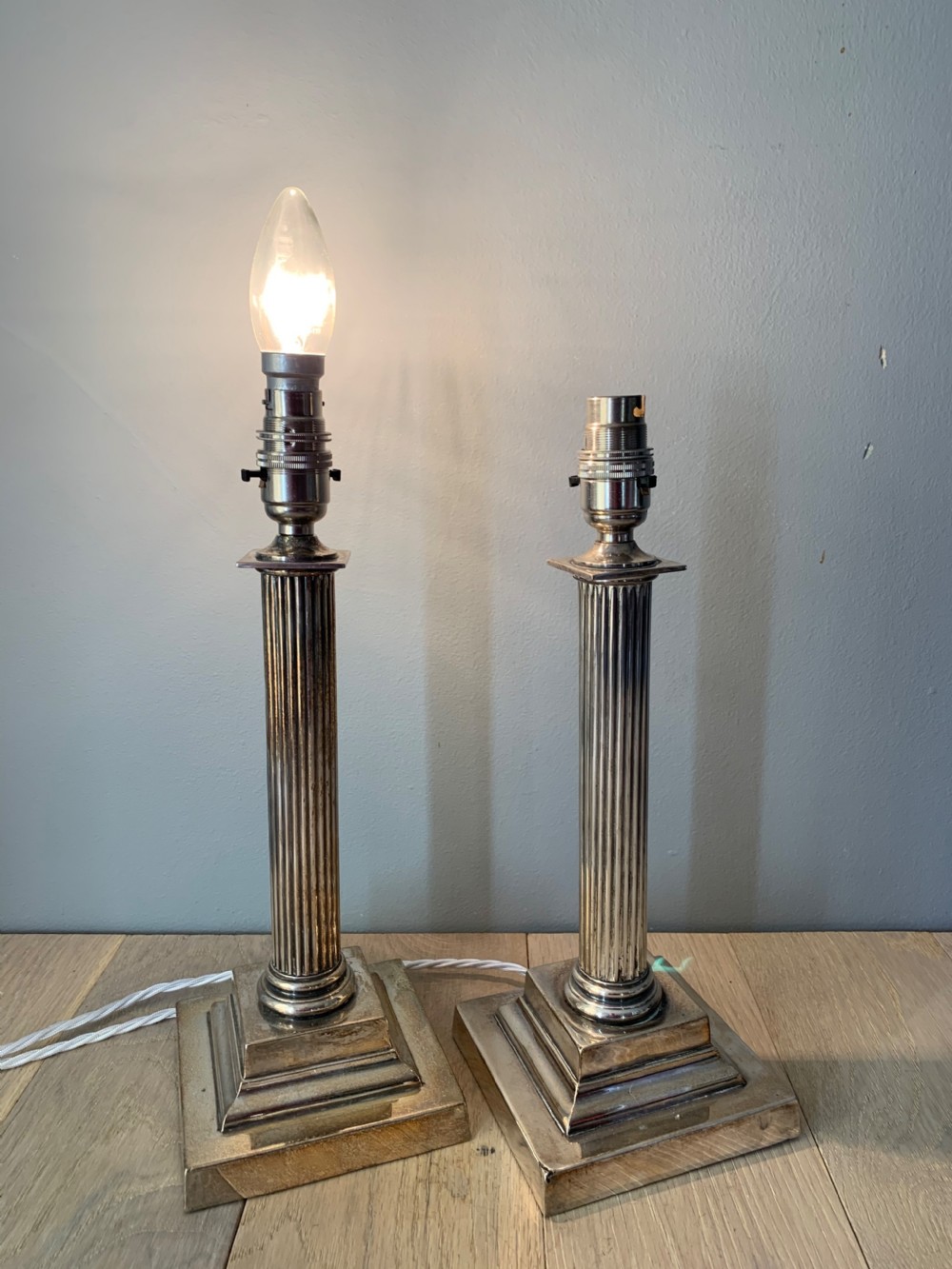 Pair Silver Plated Brass Corinthian Column Table Lamps, Rewired and PAT tested View VII