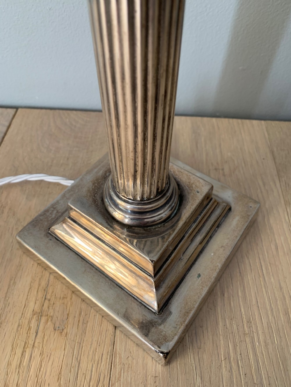 Pair Silver Plated Brass Corinthian Column Table Lamps, Rewired and PAT tested View VIII