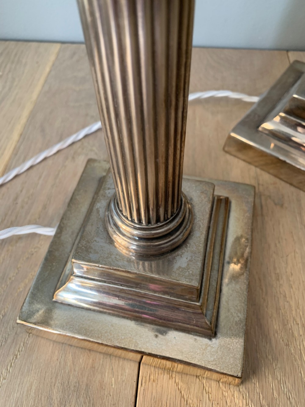 Pair Silver Plated Brass Corinthian Column Table Lamps, Rewired and PAT tested View IX