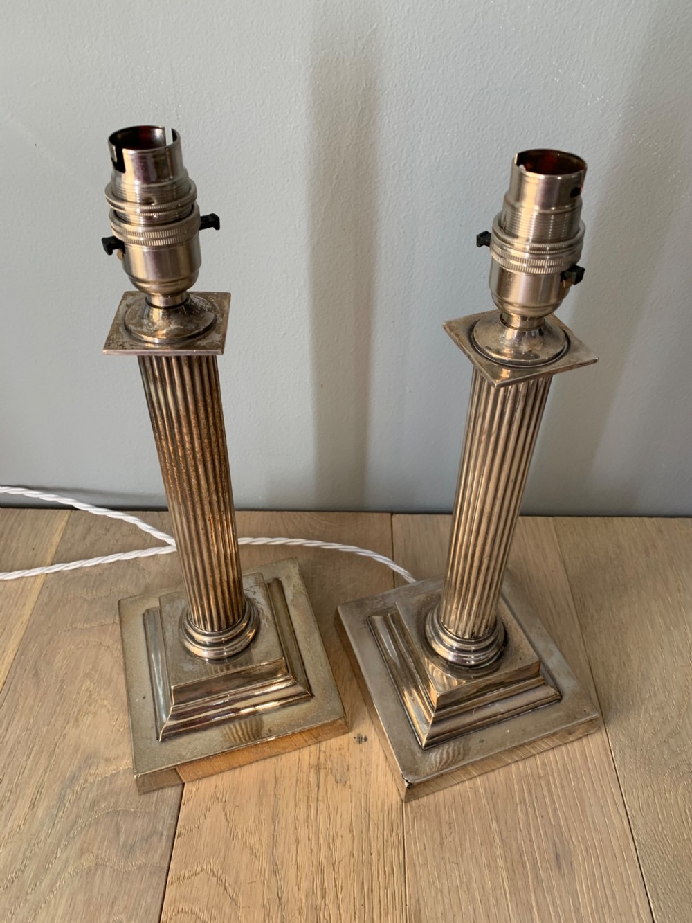 Pair Silver Plated Brass Corinthian Column Table Lamps, Rewired and PAT tested View X
