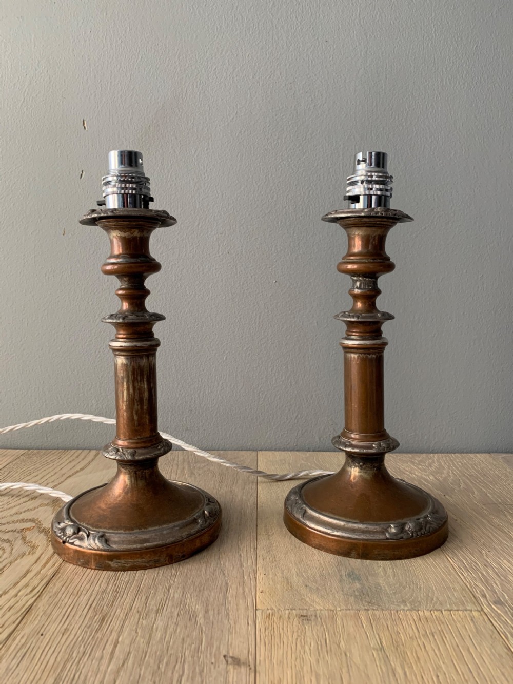 Pair of English Distressed Silver Plated Brass Table Lamps, Rewired and PAT tested