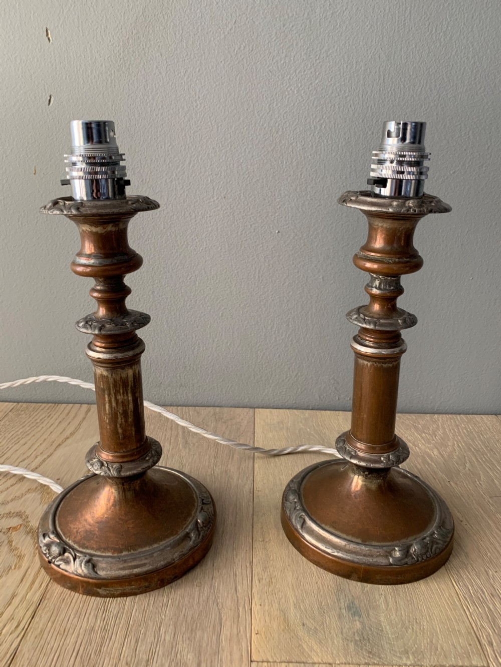 Pair of English Distressed Silver Plated Brass Table Lamps, Rewired and PAT tested View II