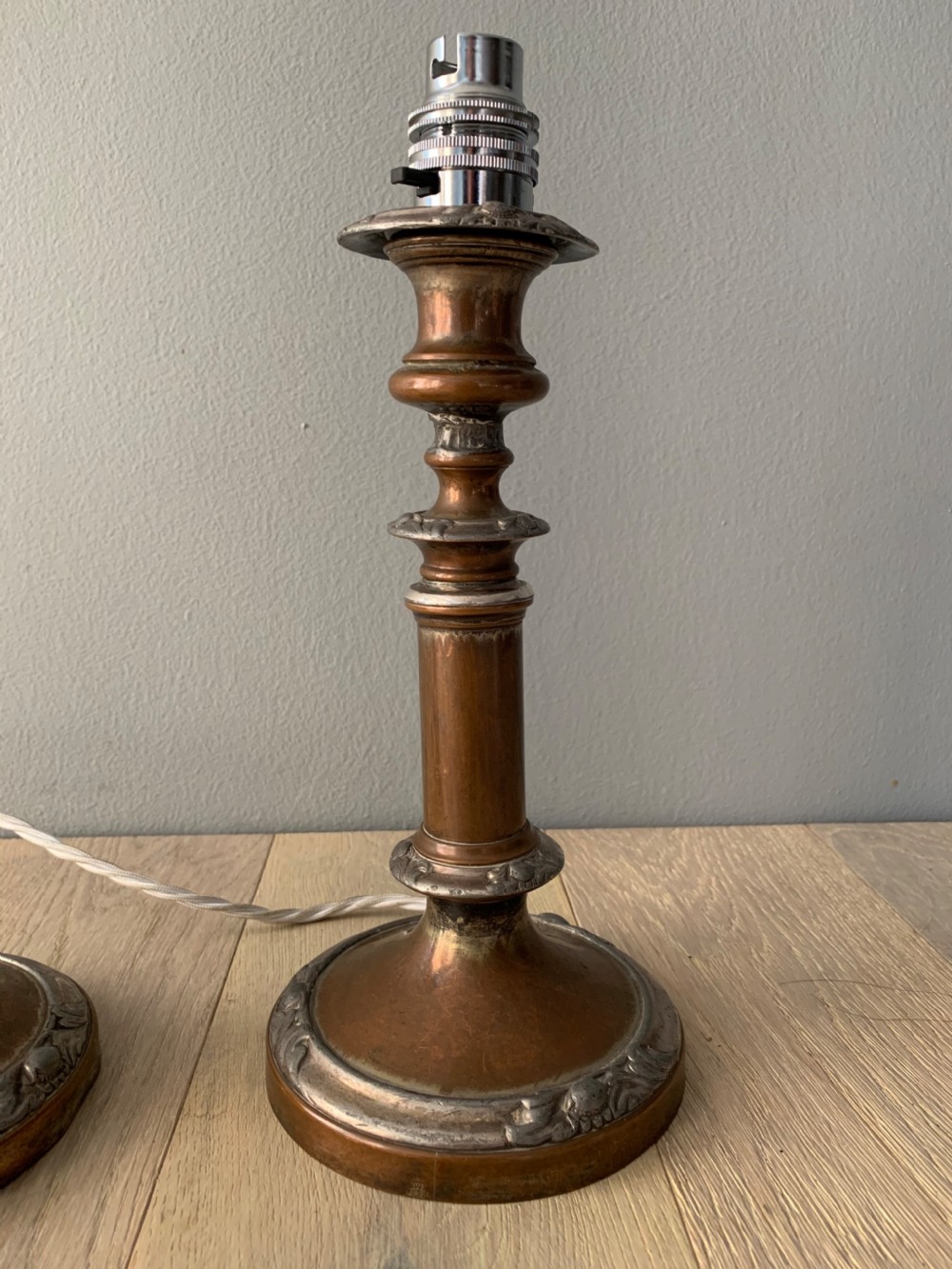 Pair of English Distressed Silver Plated Brass Table Lamps, Rewired and PAT tested View III