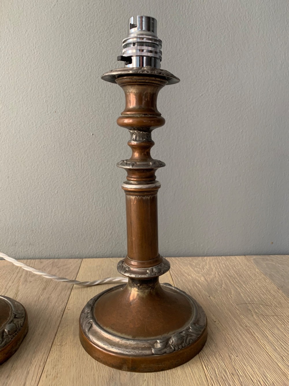 Pair of English Distressed Silver Plated Brass Table Lamps, Rewired and PAT tested View IV