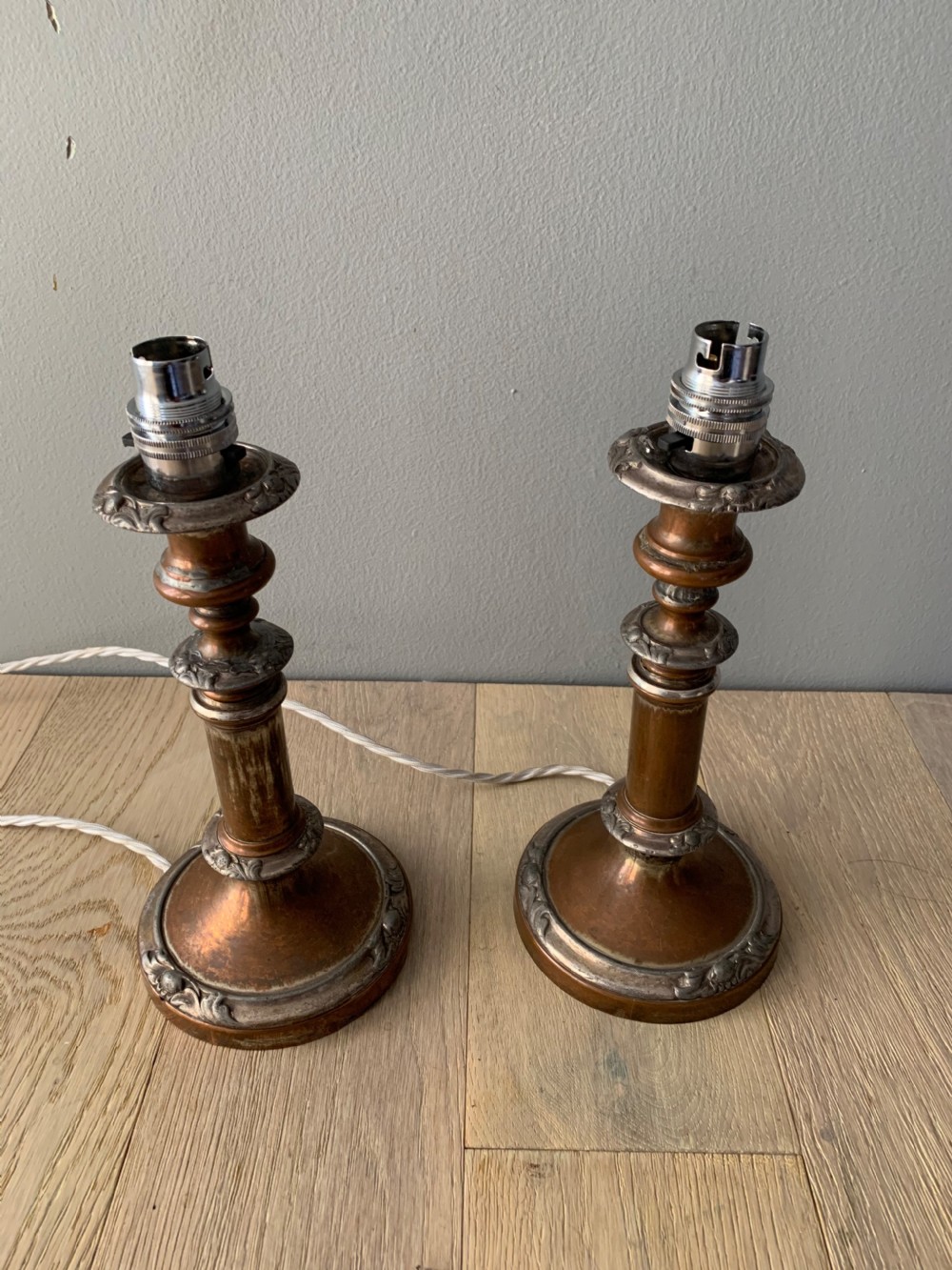 Pair of English Distressed Silver Plated Brass Table Lamps, Rewired and PAT tested View V