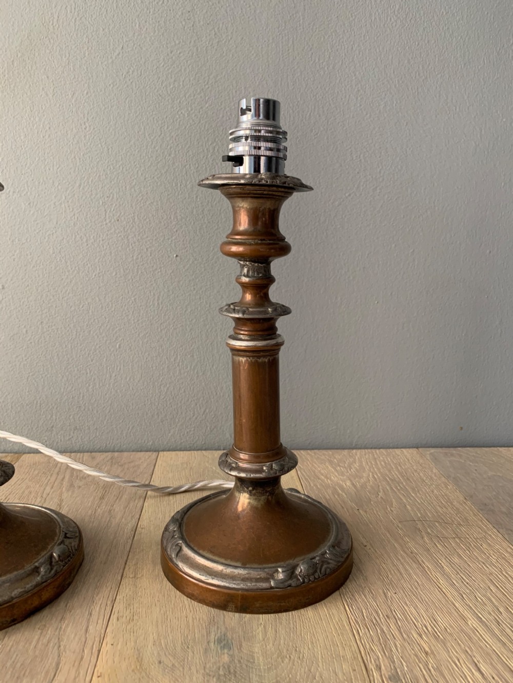 Pair of English Distressed Silver Plated Brass Table Lamps, Rewired and PAT tested View VI
