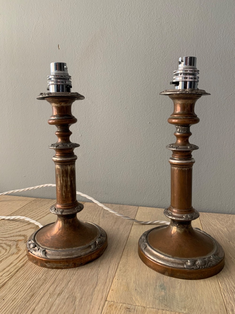 Pair of English Distressed Silver Plated Brass Table Lamps, Rewired and PAT tested View VII